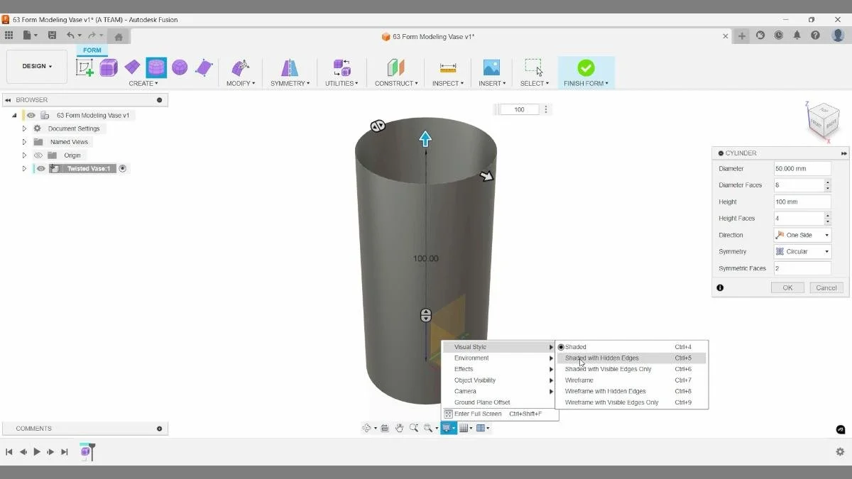fusion cylinder form primitive diameter height settings
