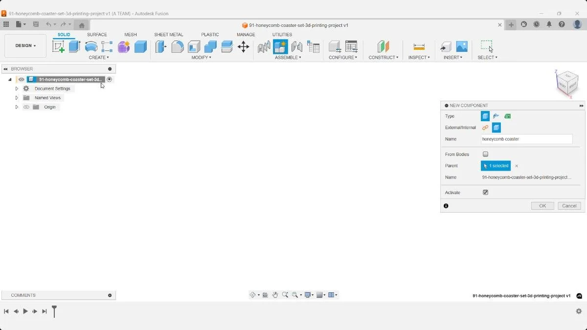 Creating a new component named Honeycomb Coaster in Fusion — the first step to keeping your 3D model organized and parametric.