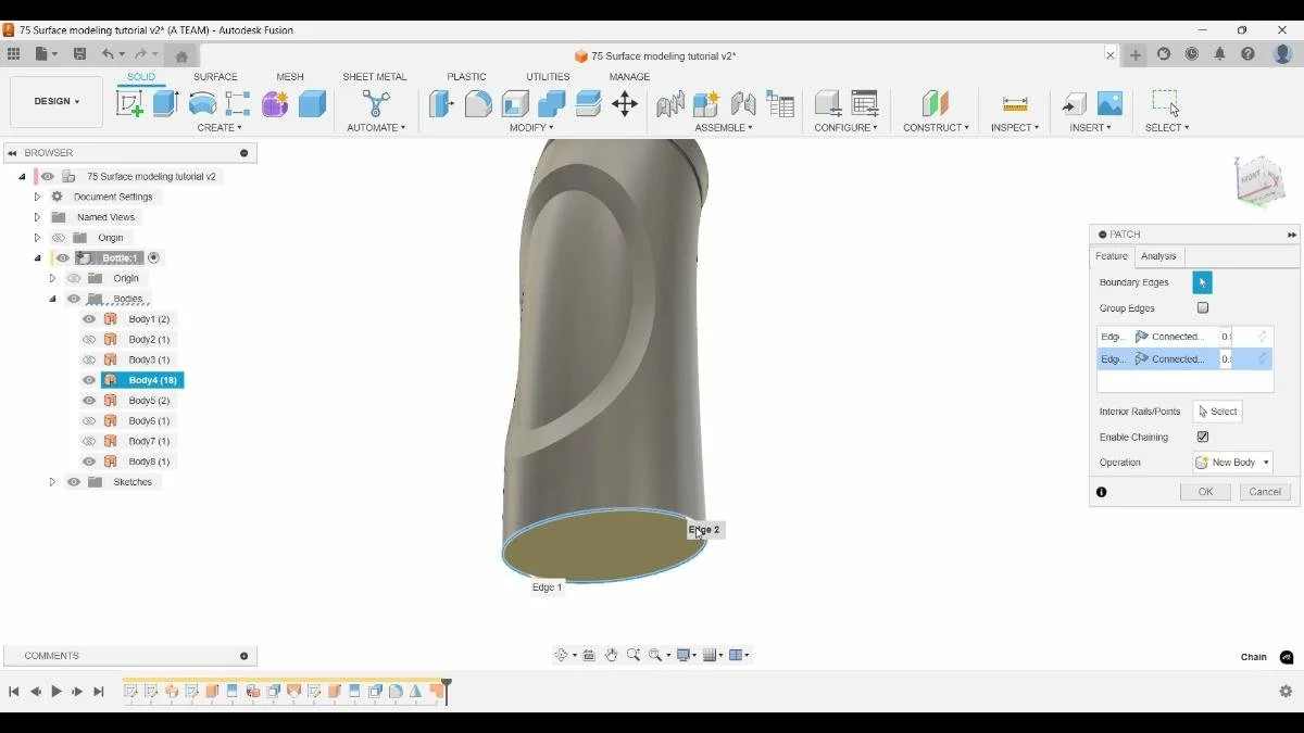 Patch surface closing the bottom opening of the bottle in Autodesk Fusion.