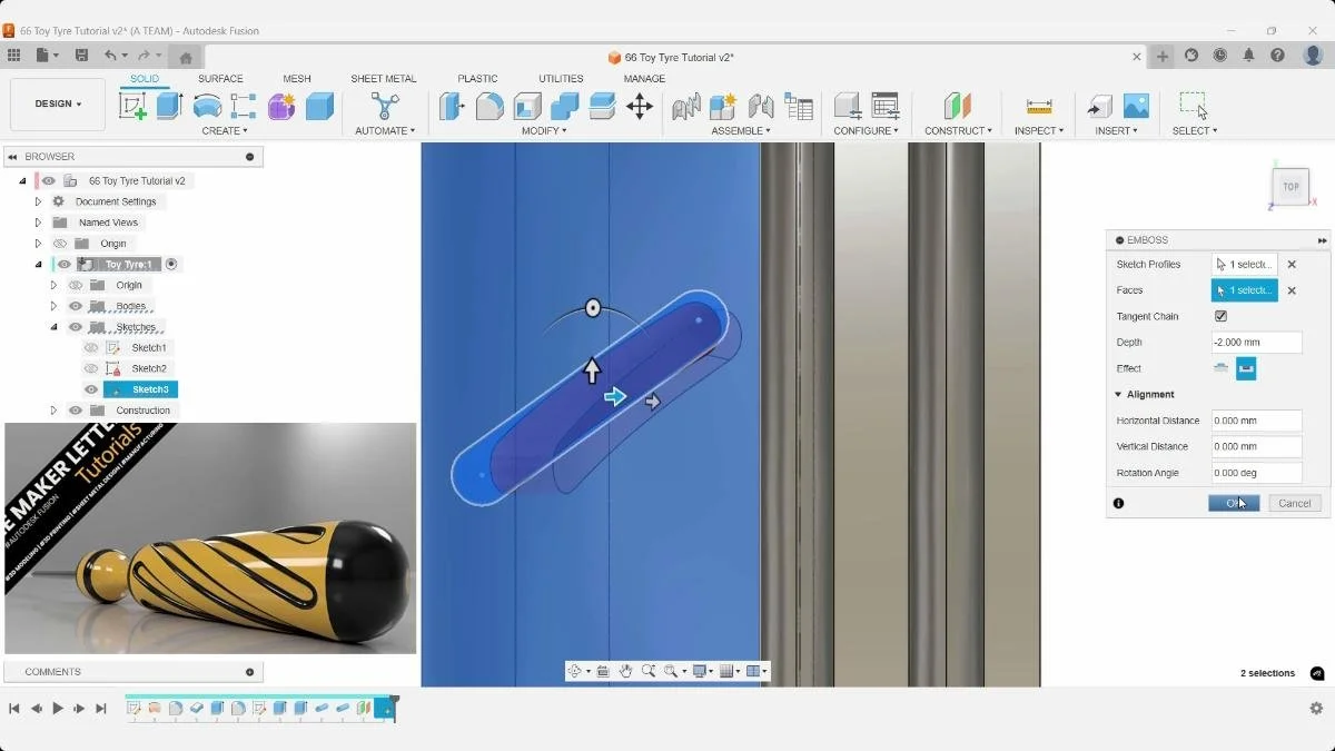 Fusion emboss tool applying tread onto curved surface