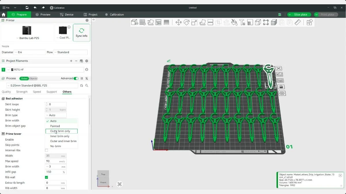 Brim settings for drip irrigation stake in Bambu Studio.