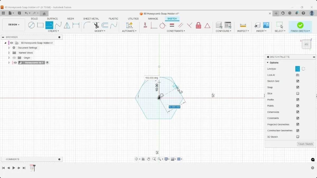 Fusion sketch defining a 10 mm circumscribed hexagon for the honeycomb soap holder.