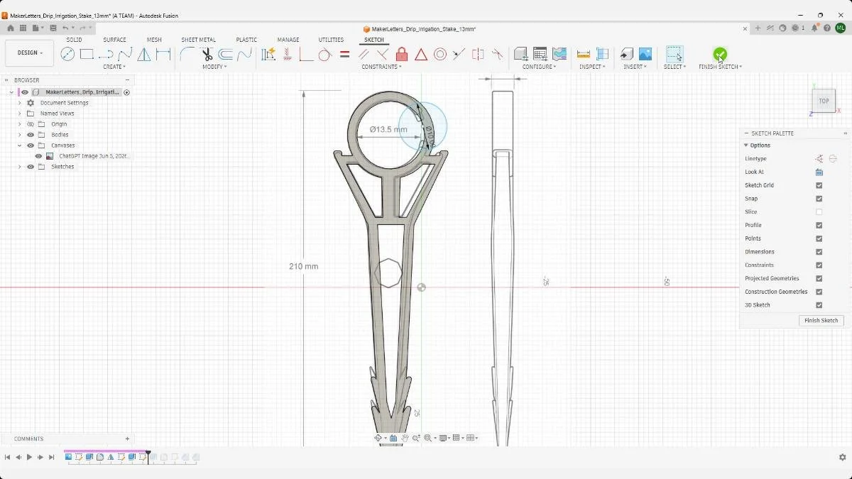 Snap-fit tubing clip sketch for 13 mm drip irrigation stake.