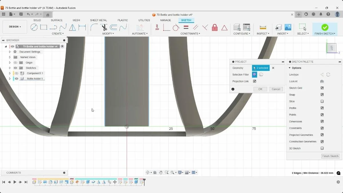 Fusion Project command selecting two bottle holder edges for a new base sketch.