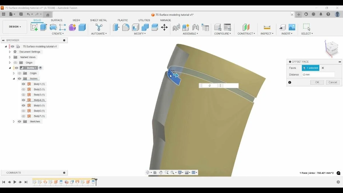 Offsetting a split surface face by 2 mm in Autodesk Fusion.