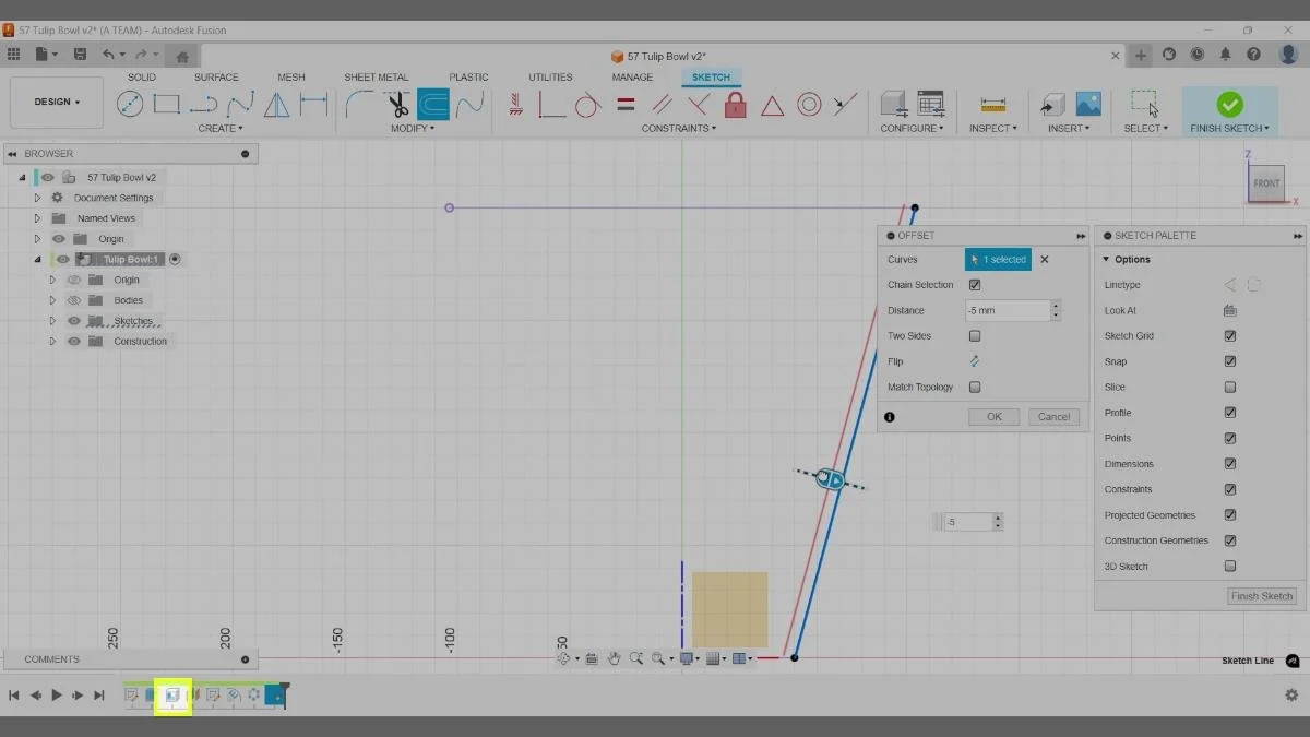 fusion sketch setup for revolve cut on tulip bowl