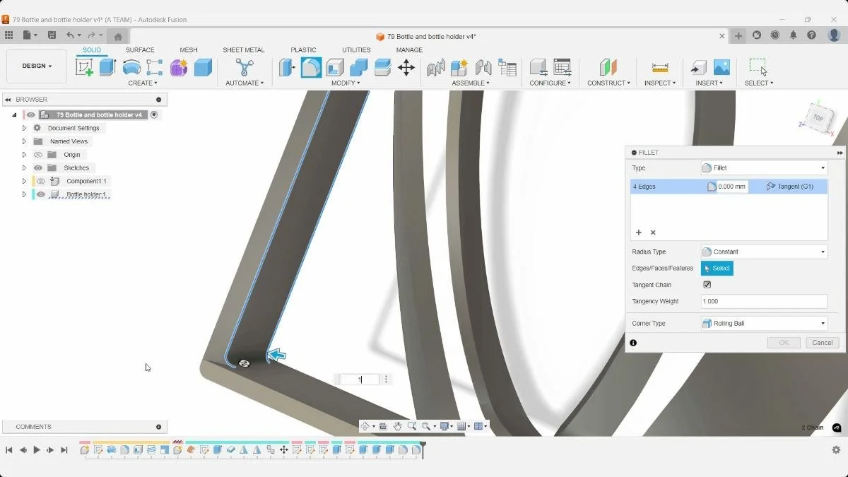 Fusion Fillet selecting four bottle holder support edges for rounded transitions.