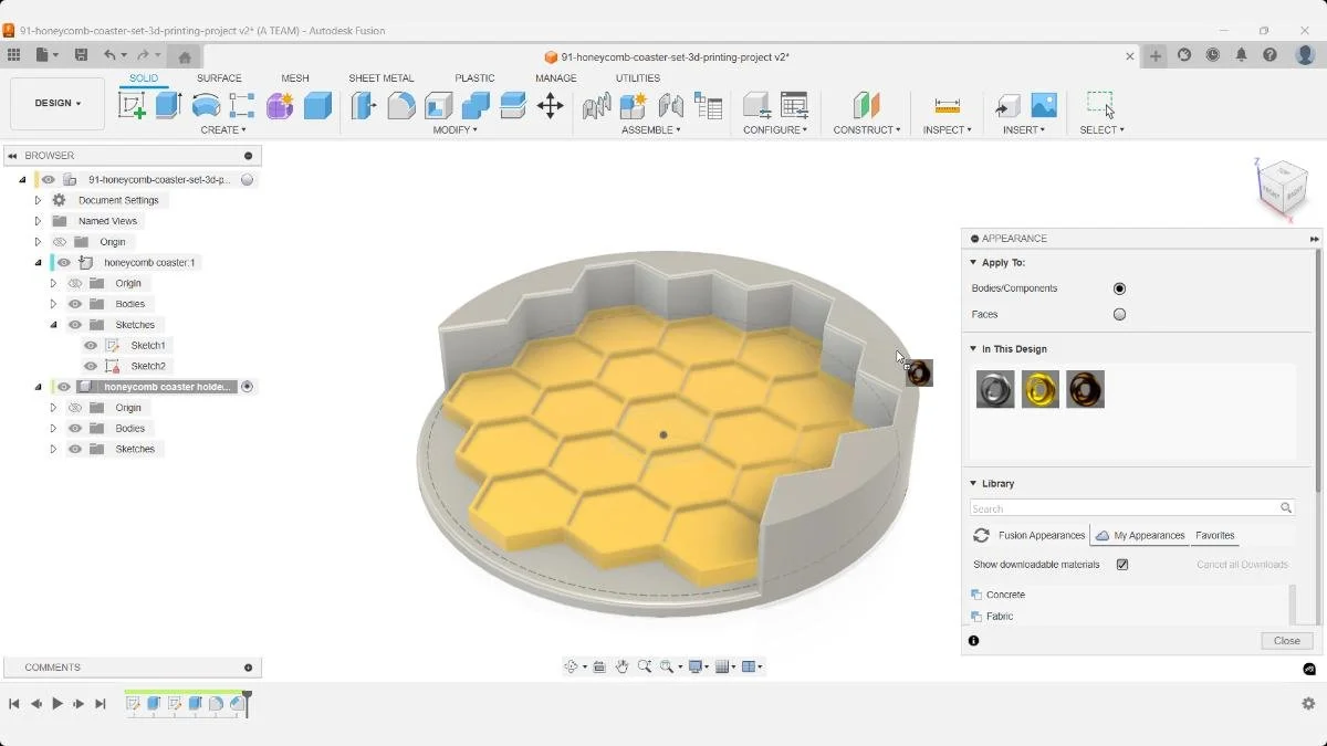 Applying a custom brown appearance to the honeycomb coaster holder for realistic 3D print visualization.