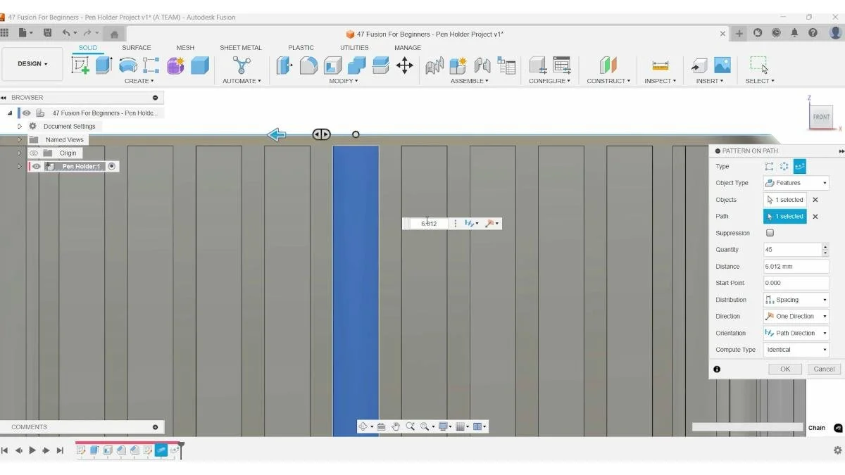 Applying Pattern on Path to repeat vertical cuts on pen holder.