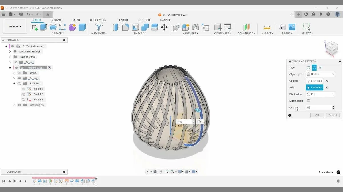 Circular Pattern duplicating twisted body around vase.