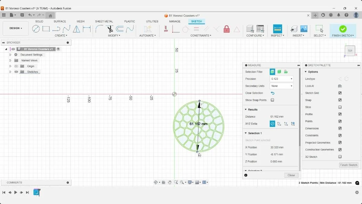 Fusion Measure tool reading a 61.162 mm diameter across the imported Voronoi coaster SVG.