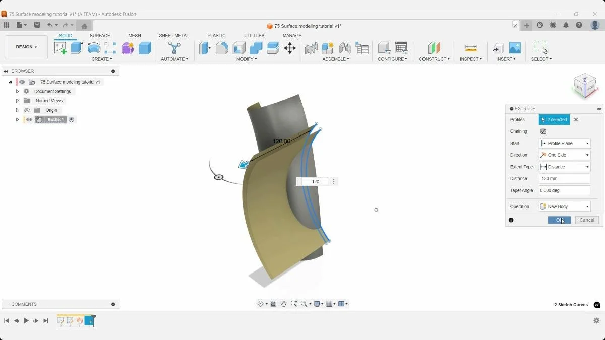 Surface extrude creating cutting surfaces in Autodesk Fusion.