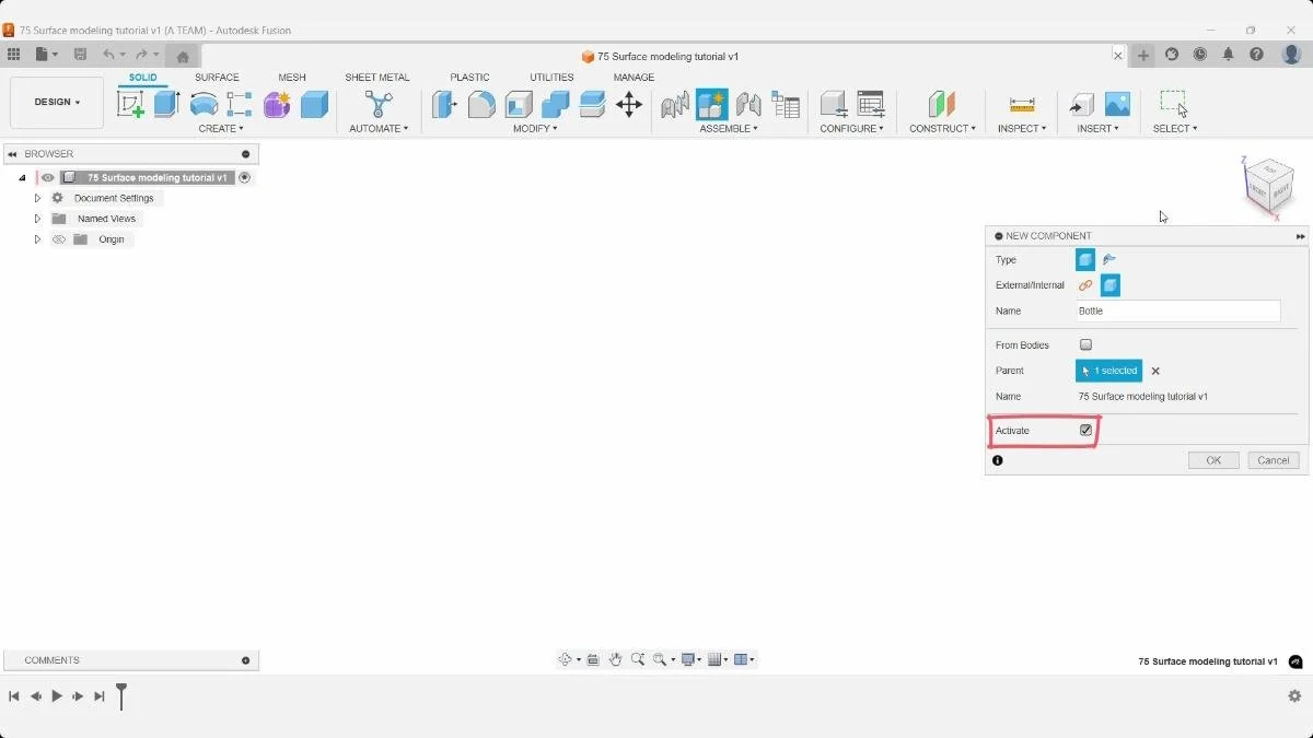Creating a new component for a bottle prototype in Autodesk Fusion.