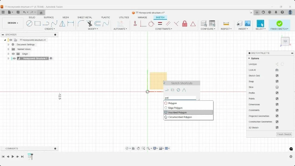 Selecting the inscribed polygon option when creating a hexagon sketch in Autodesk Fusion.