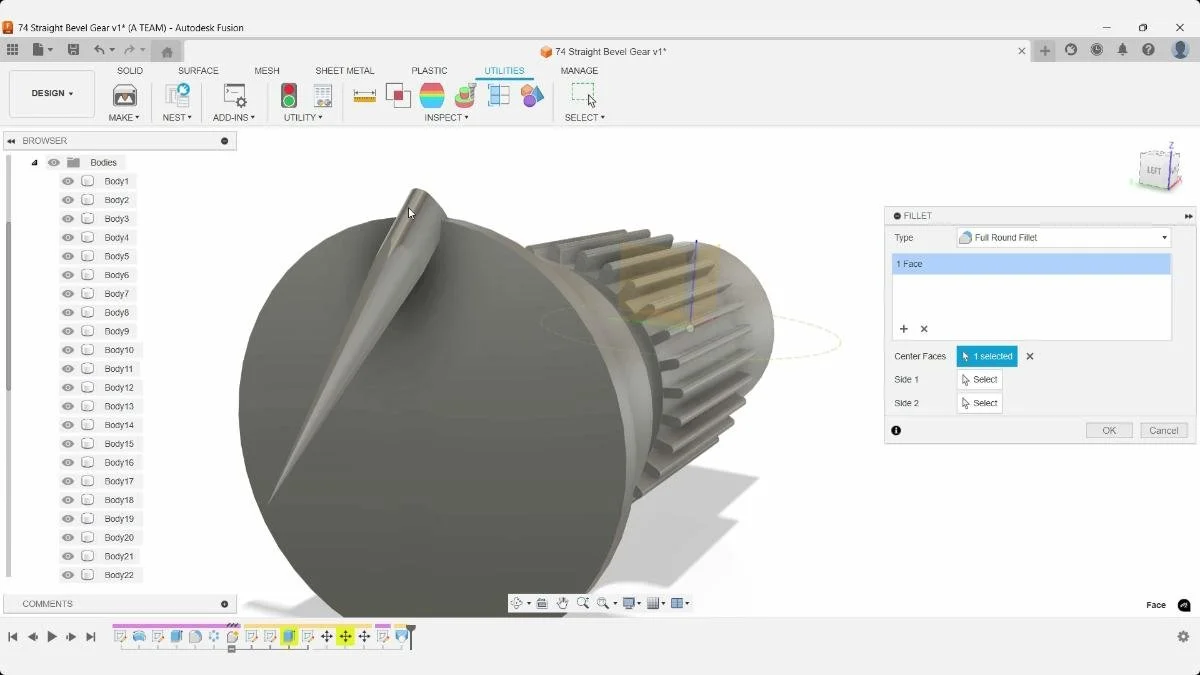 Full round fillet applied to bevel gear tooth in Fusion