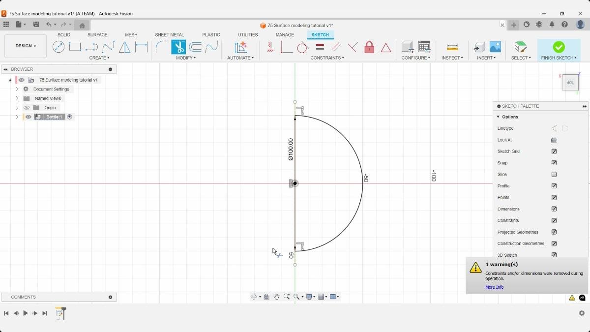 Half-circle bottle profile created by trimming the sketch.