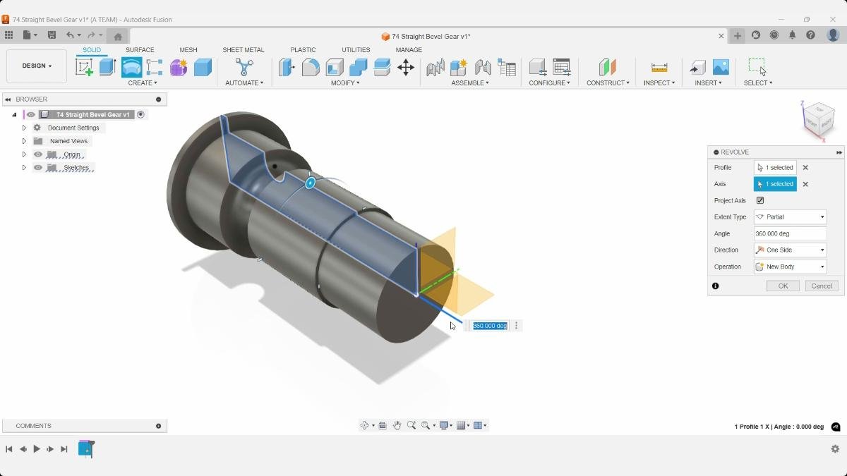 Revolve feature creating bevel gear shaft body in Fusion