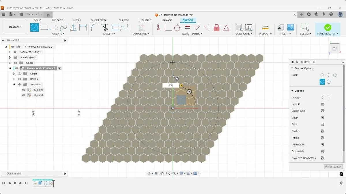Creating a circular boundary sketch over the honeycomb pattern in Autodesk Fusion.