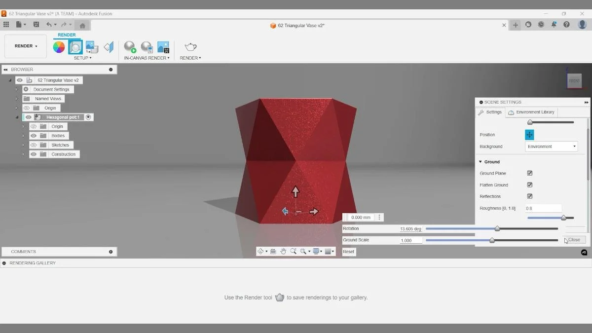 Fusion Render workspace scene settings for triangular vase model