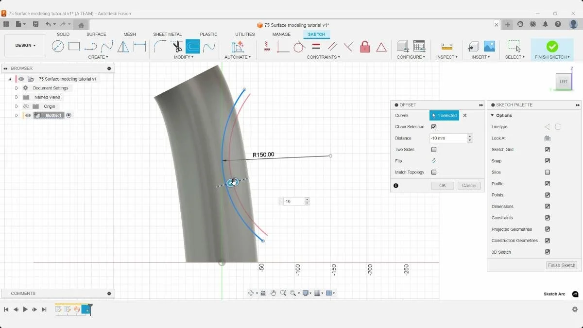 Offset arc created 10 mm from the original sketch in Fusion.