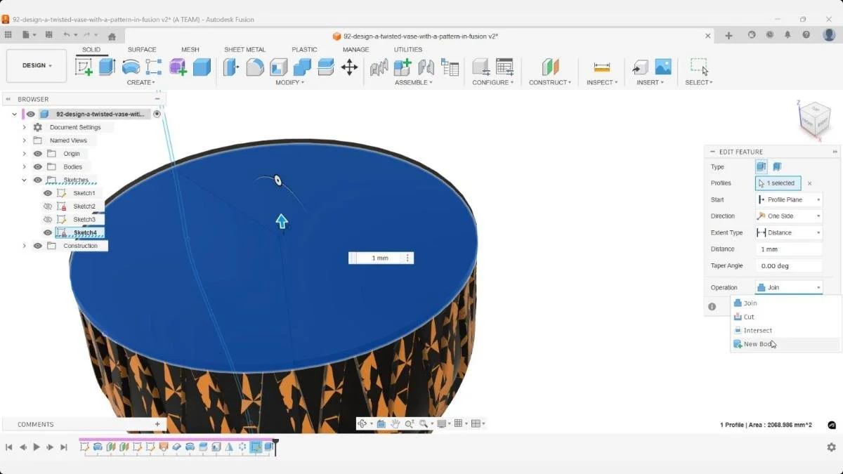 Extruding a 1 mm top profile as a separate body for the vase’s upper surface.
