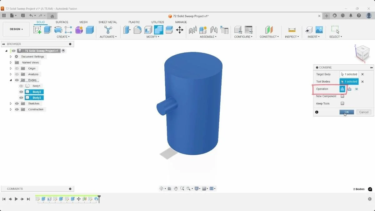 Fusion combine command merging knob and inner cylinder bodies