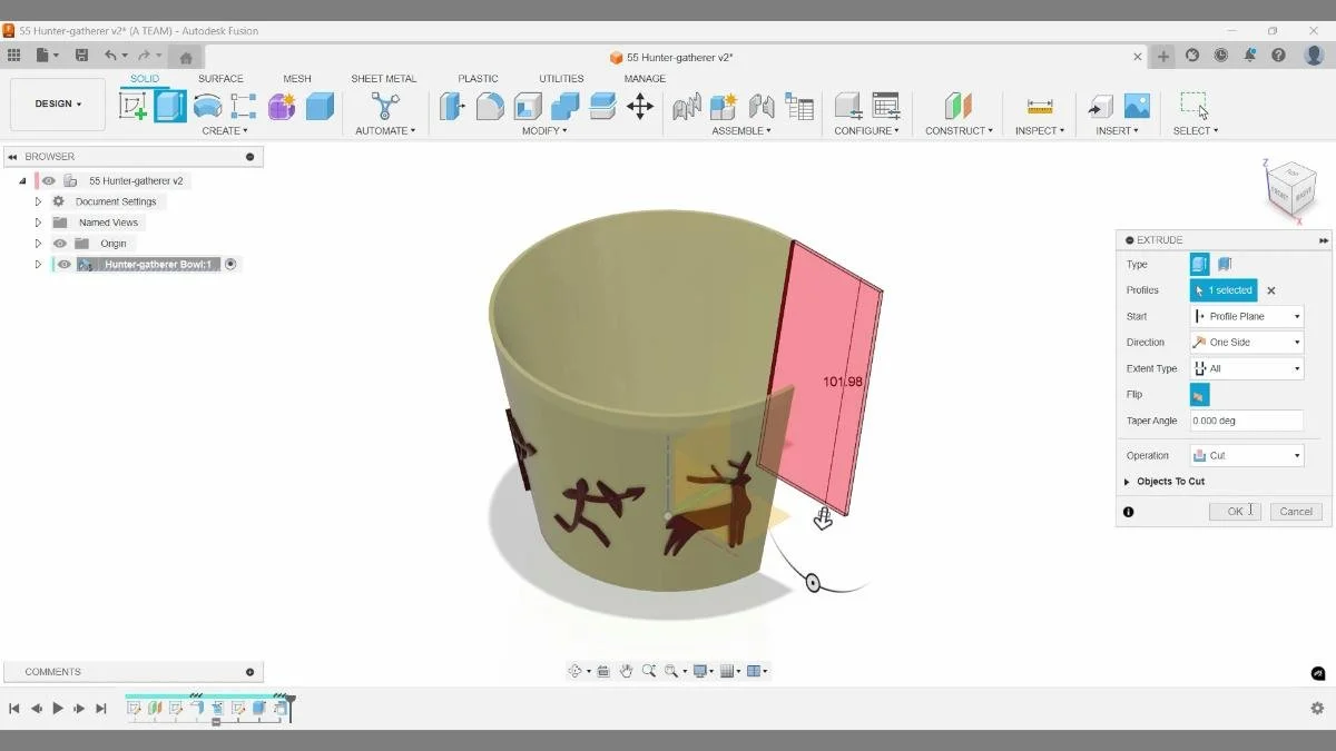 Using an extrude cut in Autodesk Fusion to clean up the side of the bowl