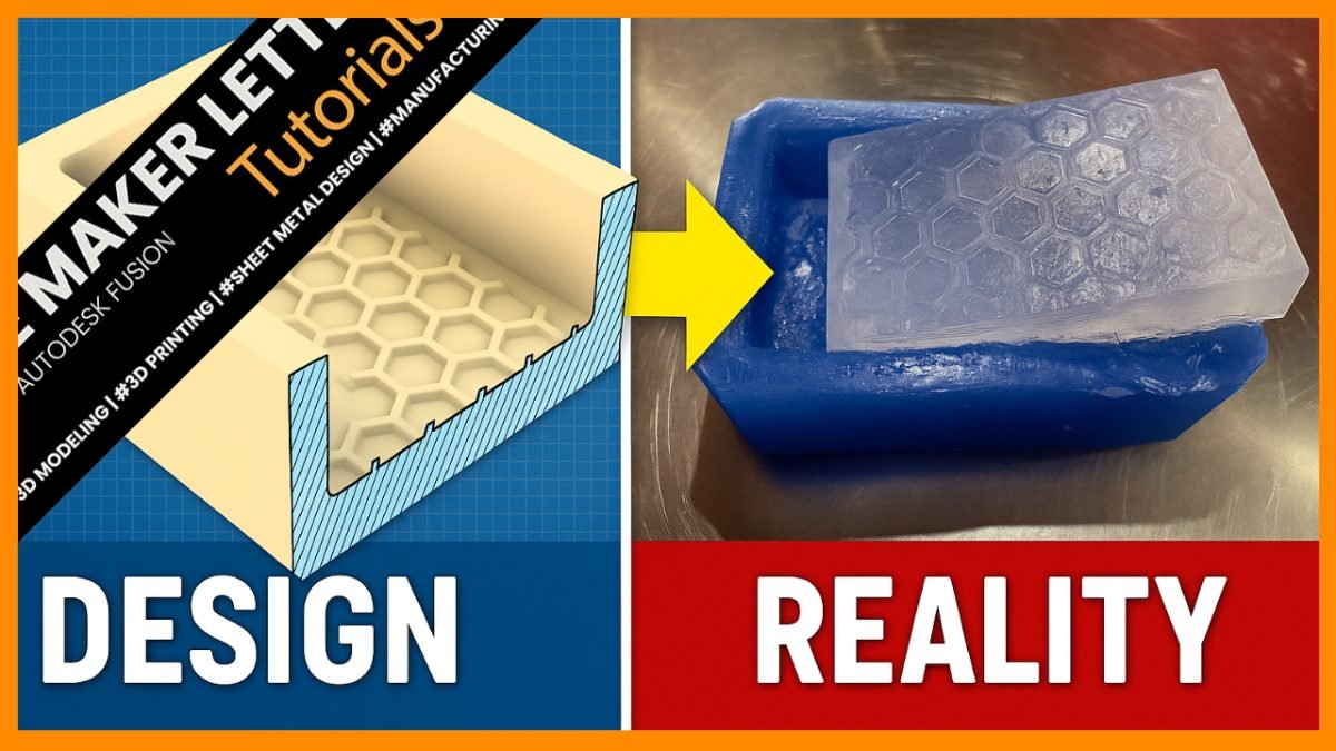 Honeycomb soap mold cross-section beside a translucent honeycomb soap bar resting on a blue silicone mold.