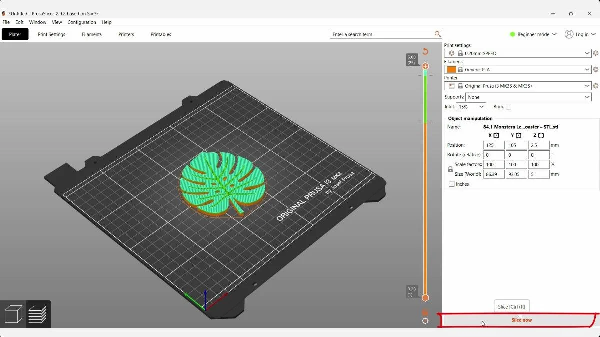 PrusaSlicer leaf coaster preview with color-change layers and Slice now highlighted.