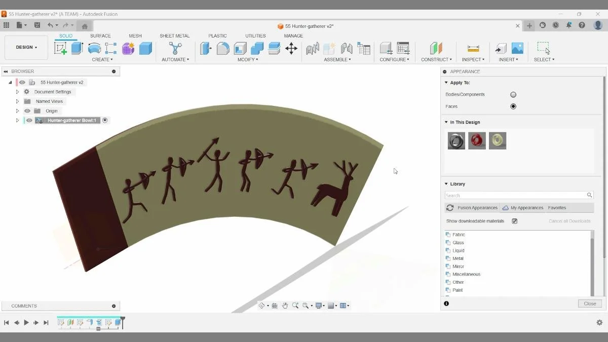 Applying initial color appearances to the unfolded bowl in Autodesk Fusion