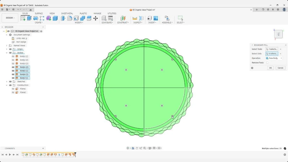 Fusion boundary fill creating solid interior for organic pen holder from closed surfaces