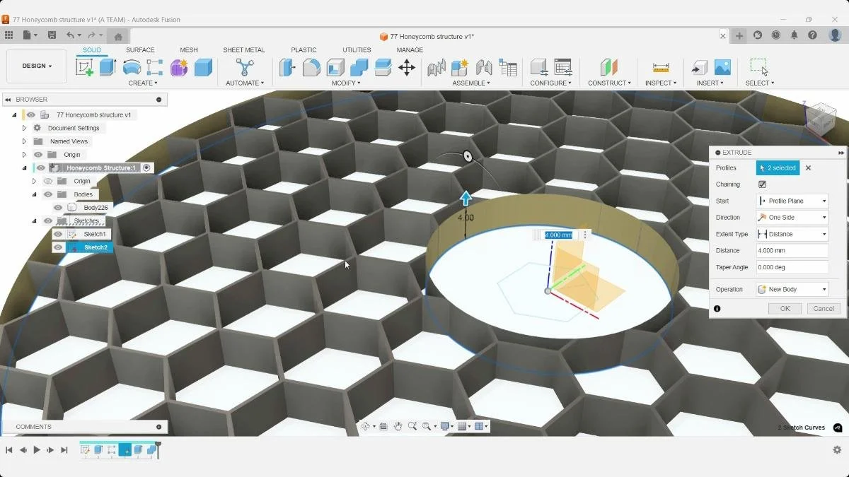 Extruding the inner border profile in Autodesk Fusion.
