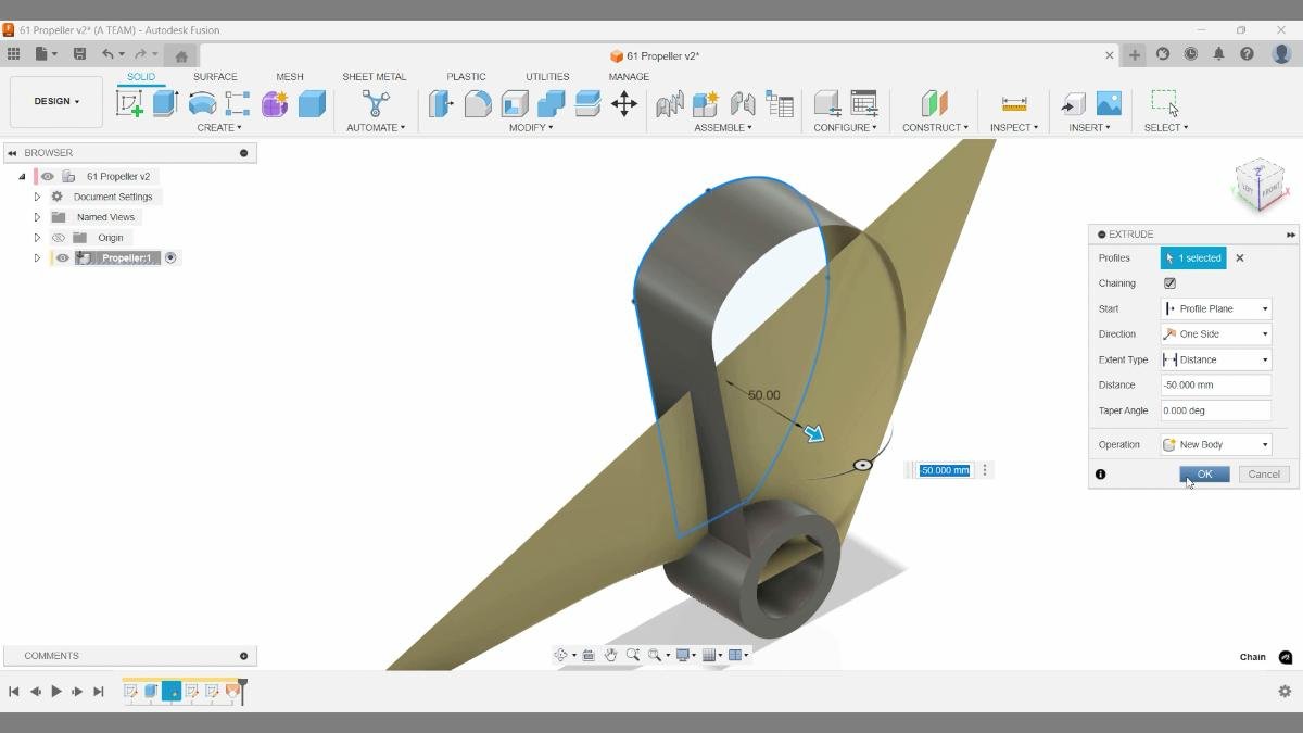 Fusion extrude operation extending the propeller blade surface.