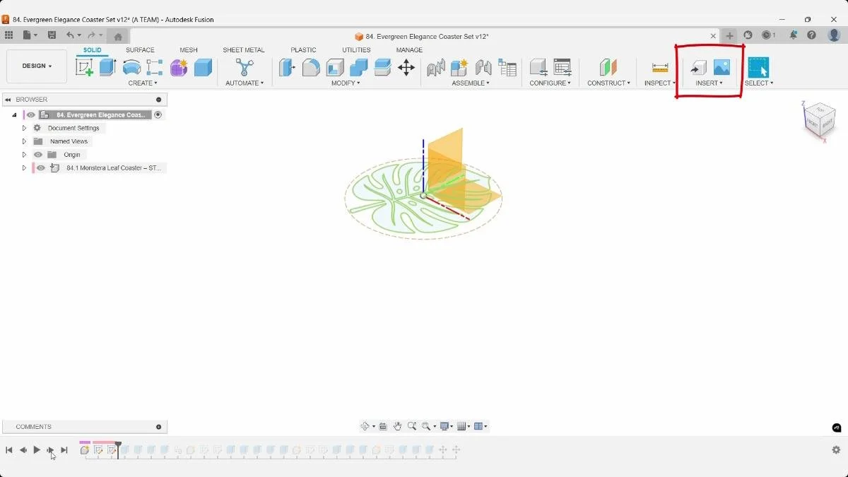 Fusion leaf coaster outline displayed with the Insert menu highlighted.