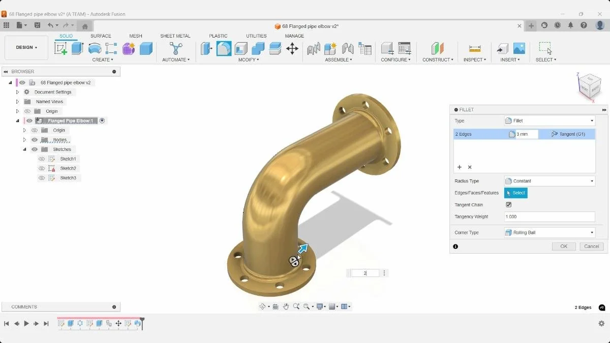Fillet applied to flange edges on pipe elbow in Fusion