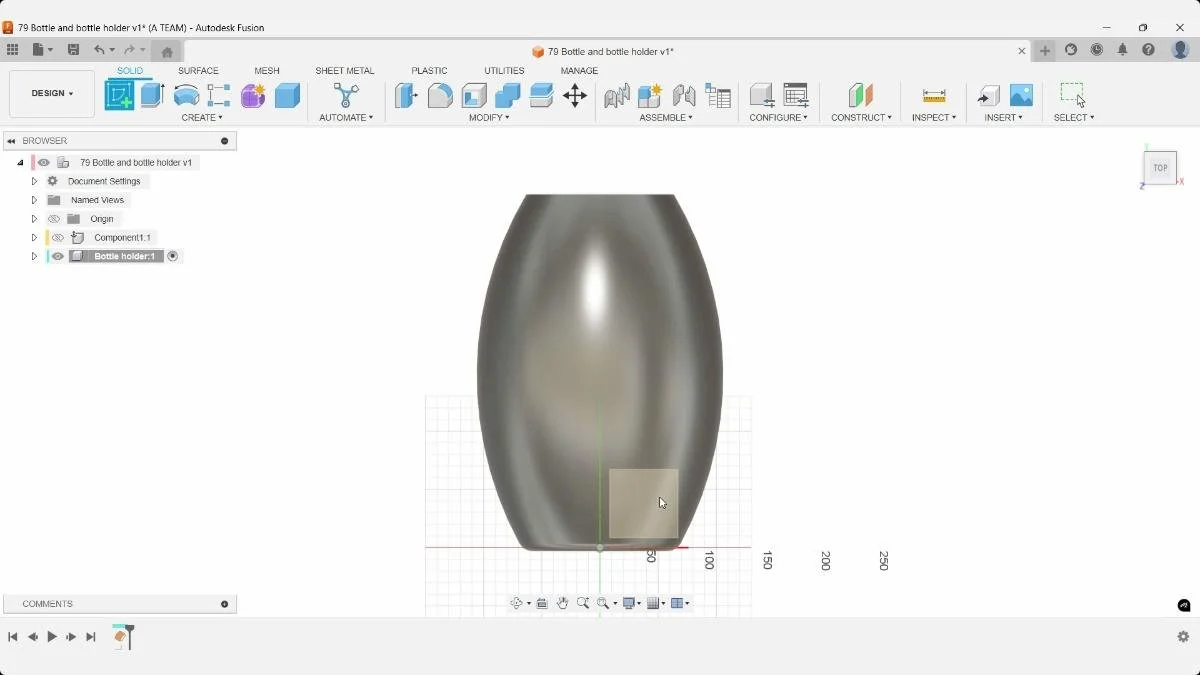 Fusion bottle holder project viewed from the front while selecting a vertical sketch plane.