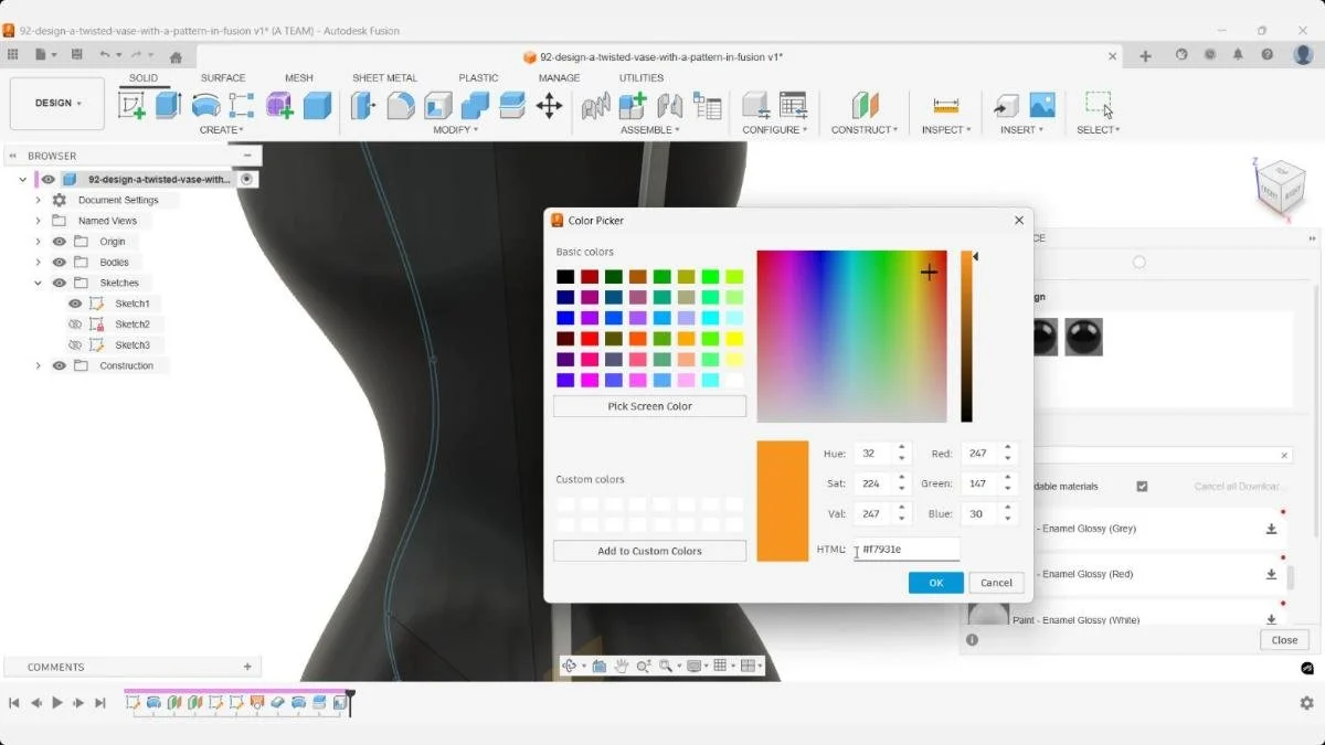 Applying a custom color to a twisted vase body using the Fusion color picker.