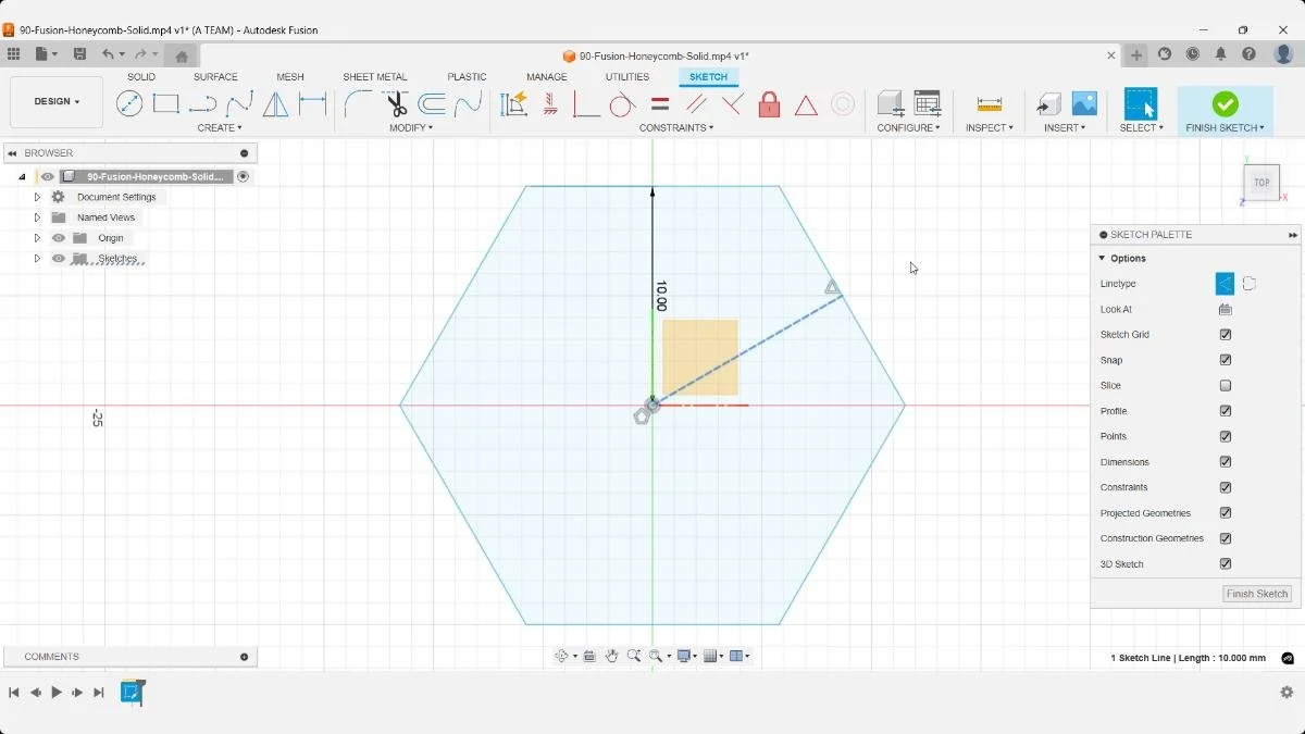 Add a midpoint construction line in Fusion to guide pattern direction in the honeycomb design.