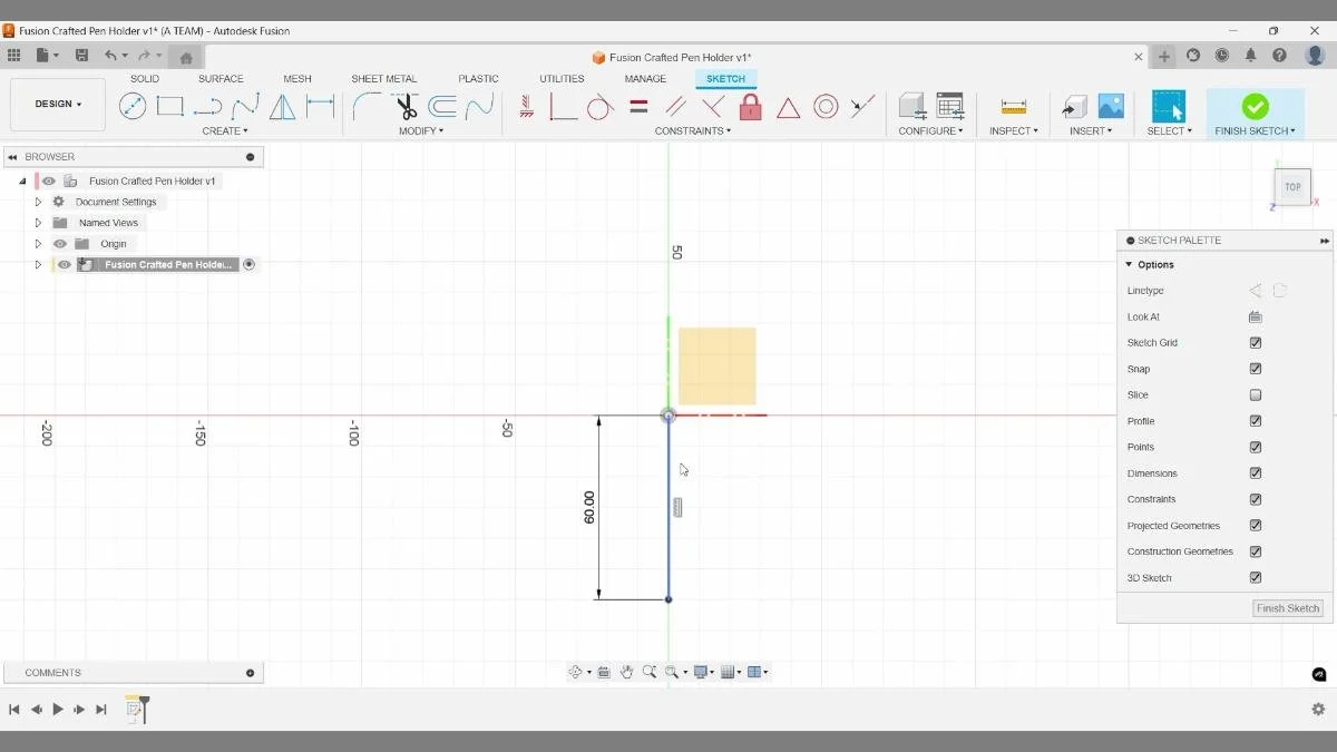 fusion sketch vertical line origin pen holder tutorial