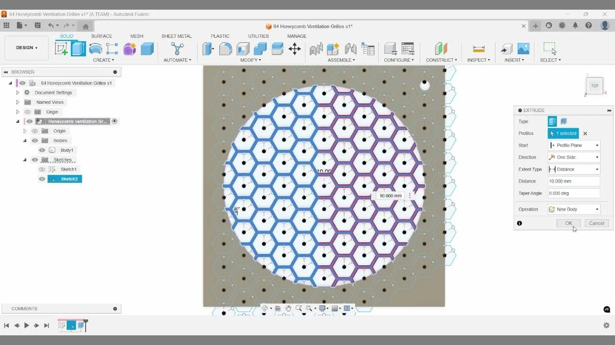 fusion extrude honeycomb pattern body creation