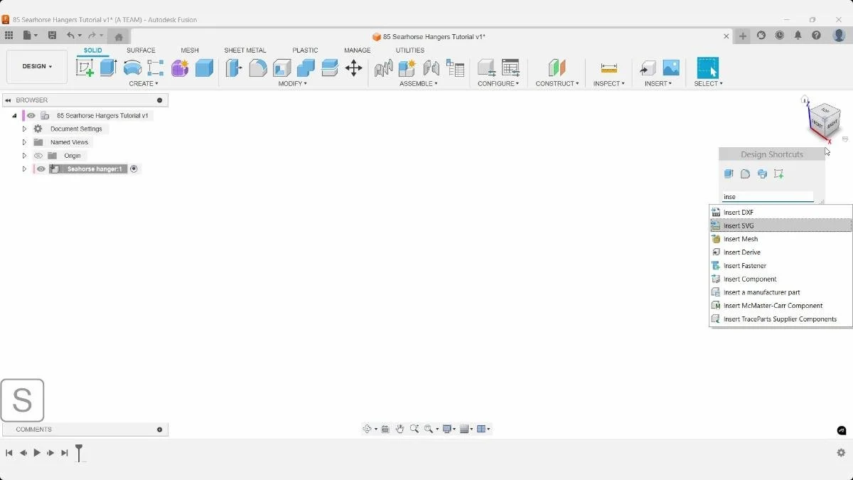 Fusion shortcut search displays the Insert SVG command.