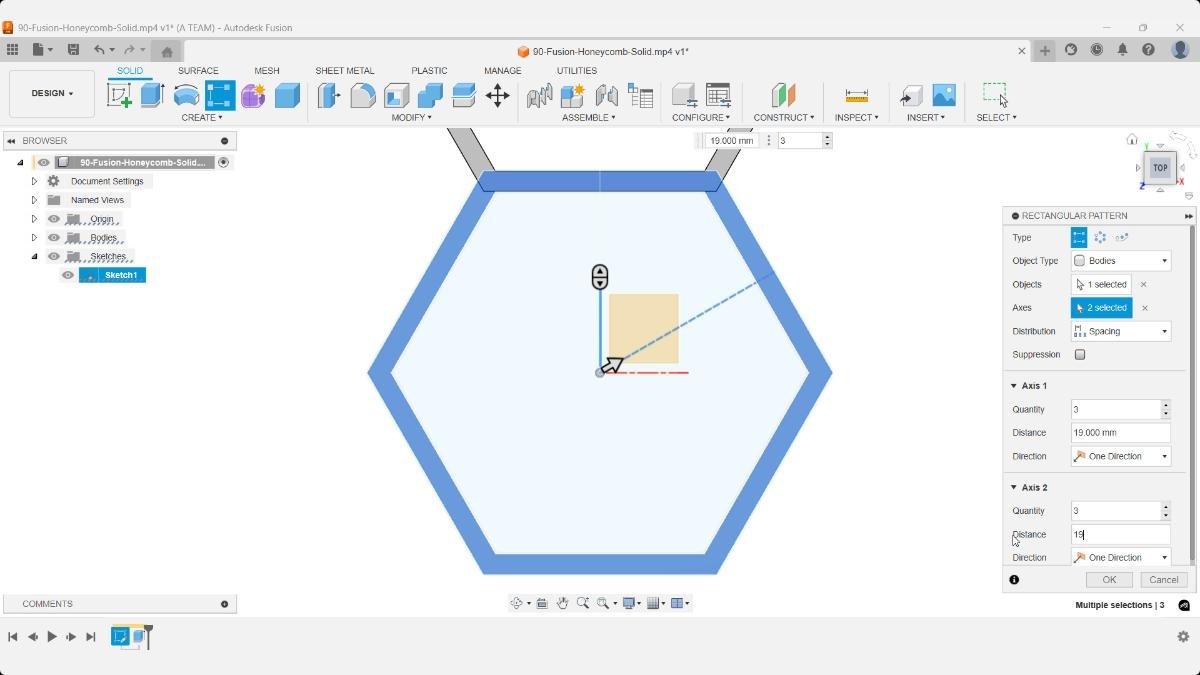 Set both axes in the rectangular pattern to 19 mm for a precise, symmetrical honeycomb grid.