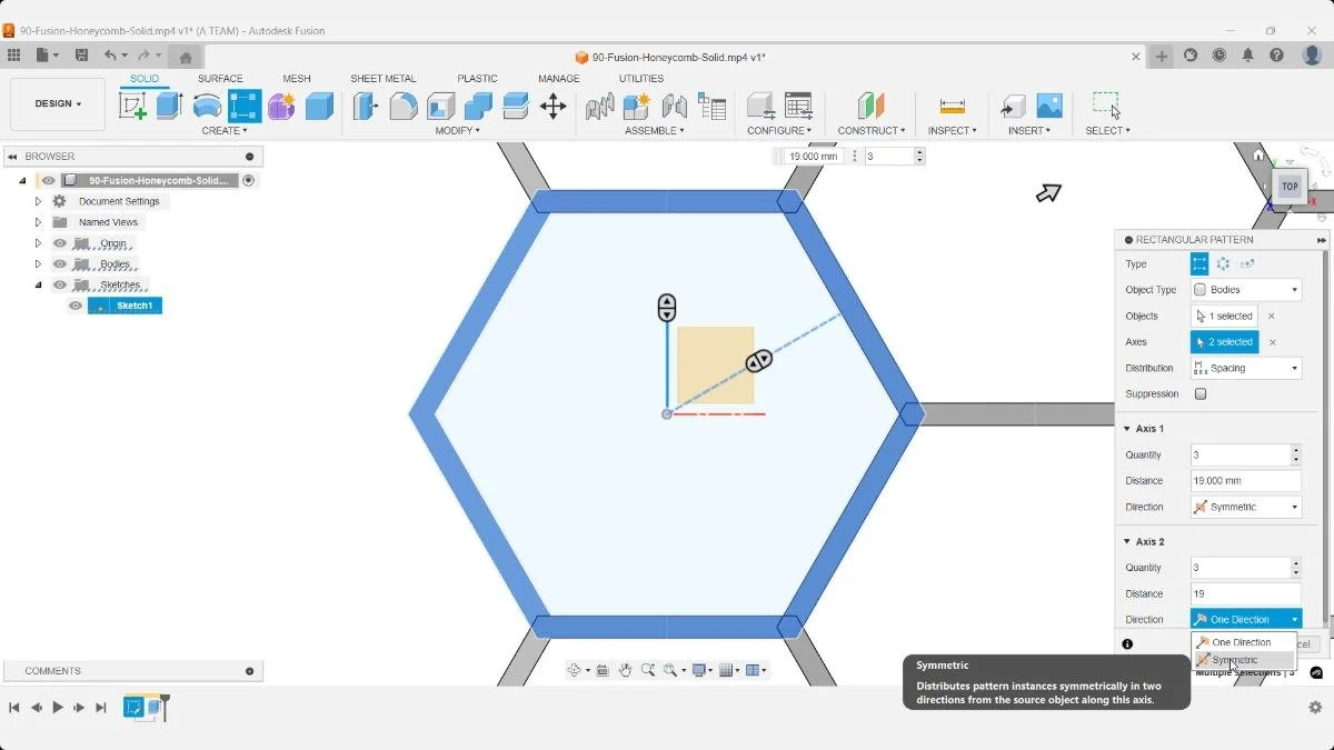 Use the symmetric distribution option to center the honeycomb pattern evenly in both directions.