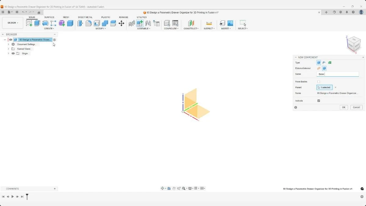 Fusion dialog creating a new component for the organizer base.