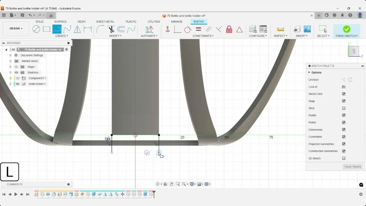 Fusion Line tool drawing vertical sketch lines from projected bottle holder geometry.