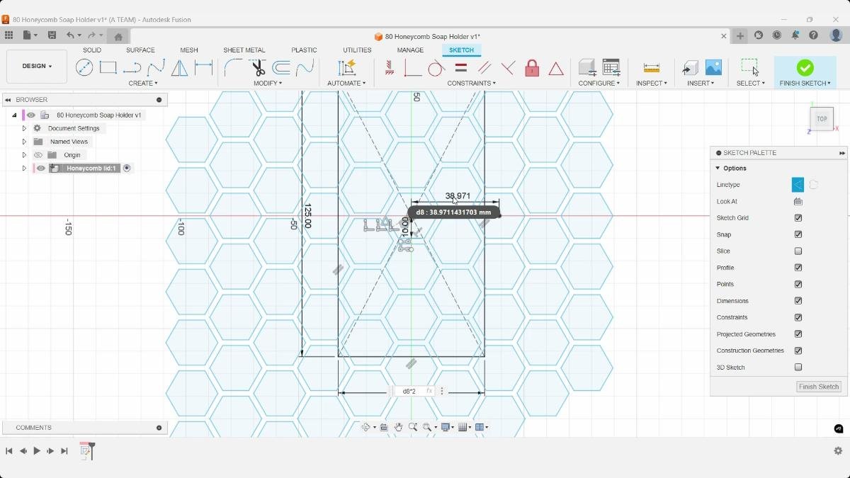 Fusion sketch using a parameter expression to dimension the honeycomb soap holder boundary.