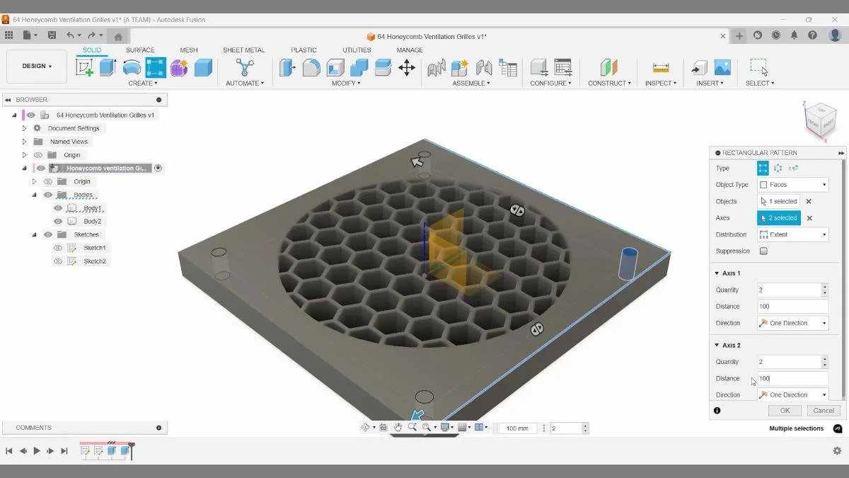 fusion rectangular pattern holes face selection