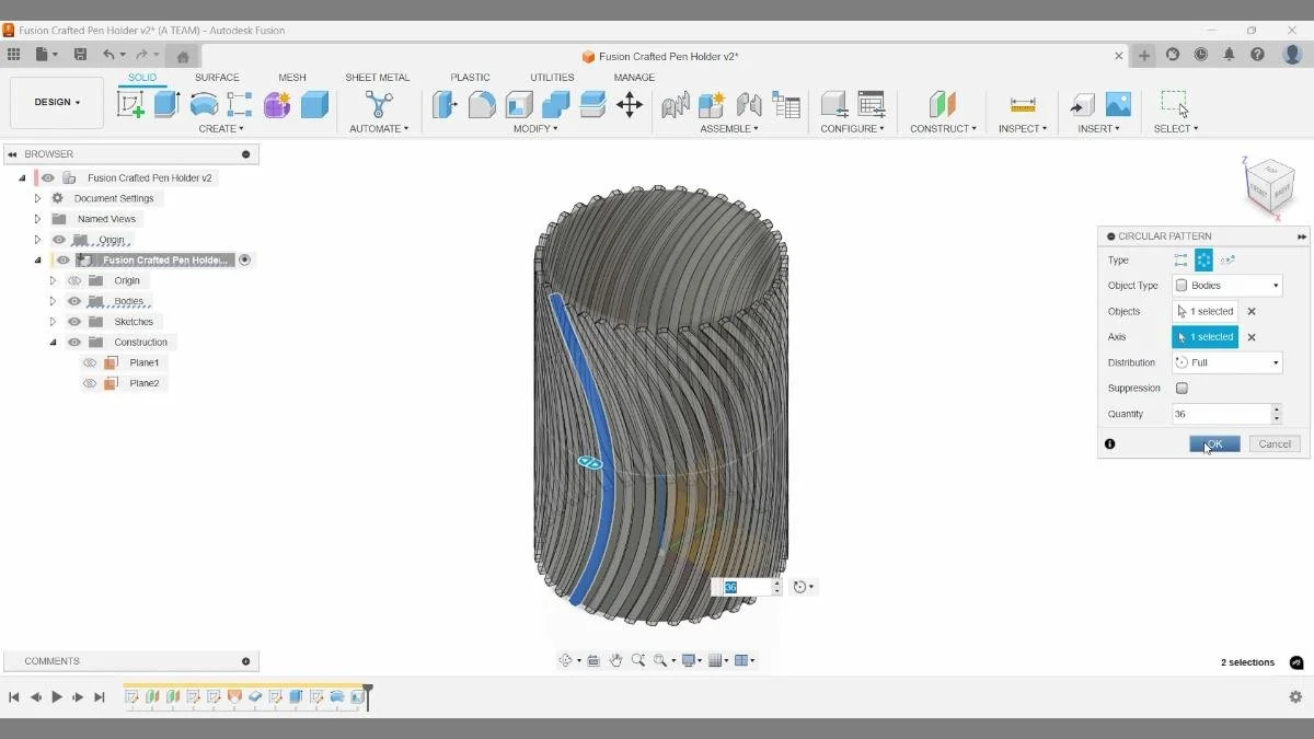 fusion circular pattern bodies around cylinder pen holder