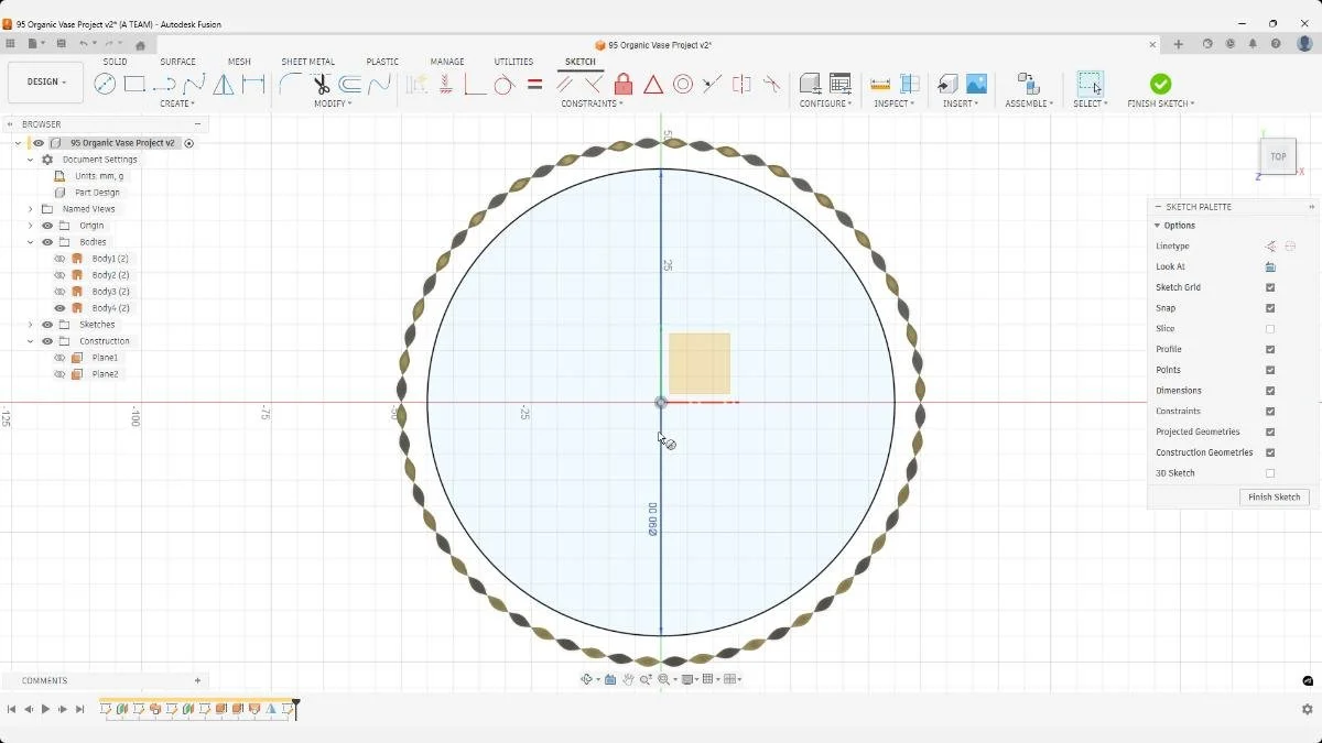 Fusion sketch showing circular boundary used for boundary fill inside organic pen holder