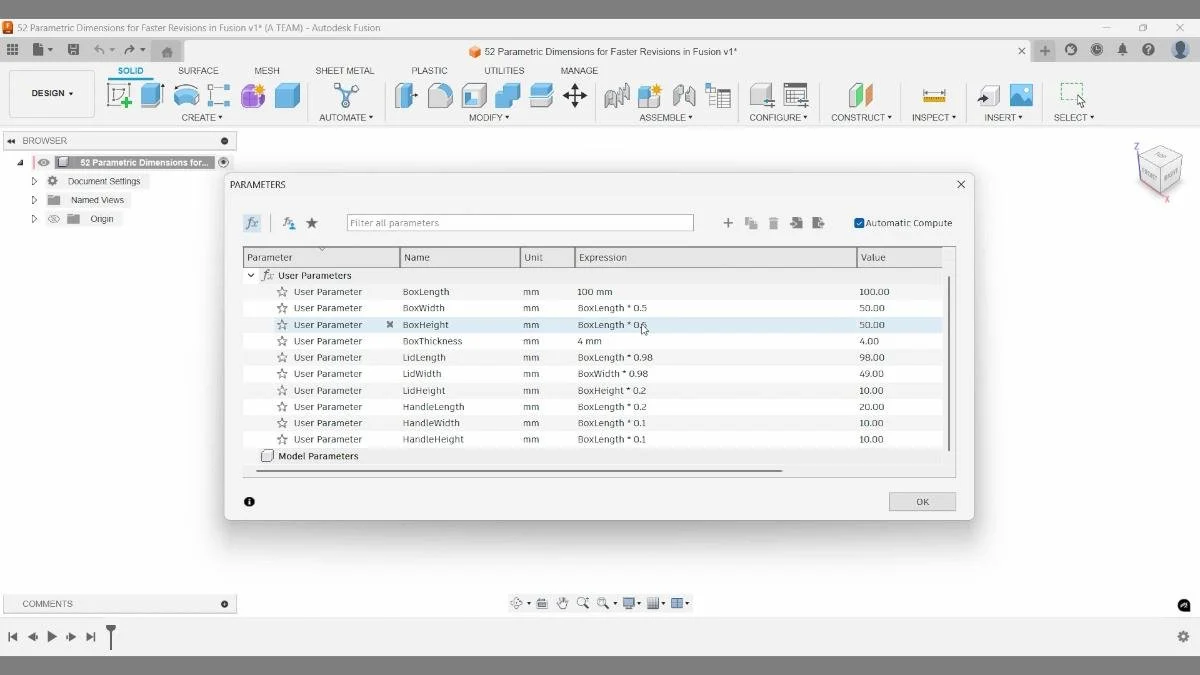 fusion parameters with box dimensions driven by expressions